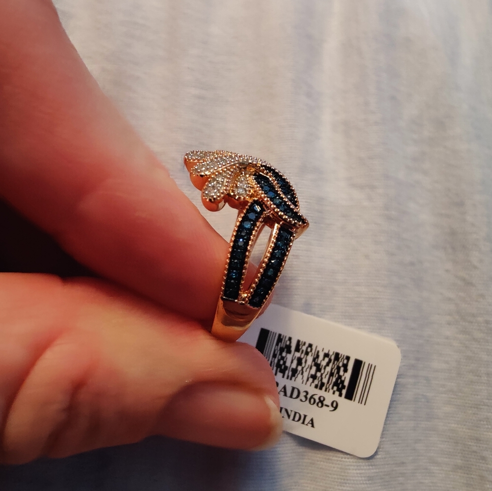 Park avenue round white and blue diamond rose gold over sterling silver ring, 9 - Picture 4 of 6